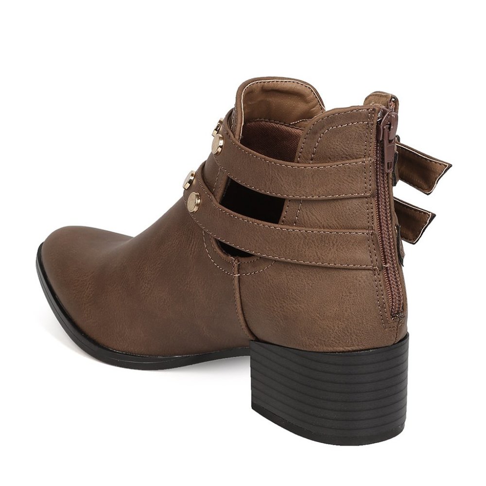 Pointy Toe Gold Round Studded Buckled Cutout Block Heel Ankle Booties - Picture 6 of 6